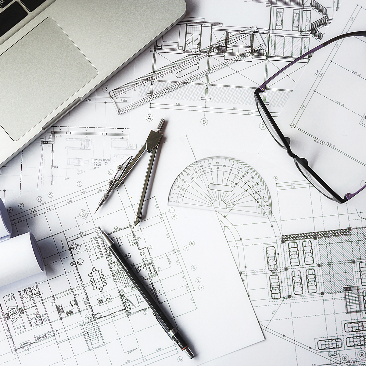Image of engineering objects on workplace top view.Construction